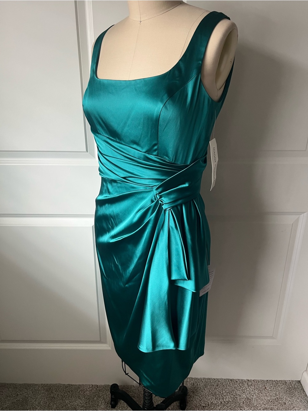 Maggy London Teal Satin Draped Midi Dress - Picture 4 of 15